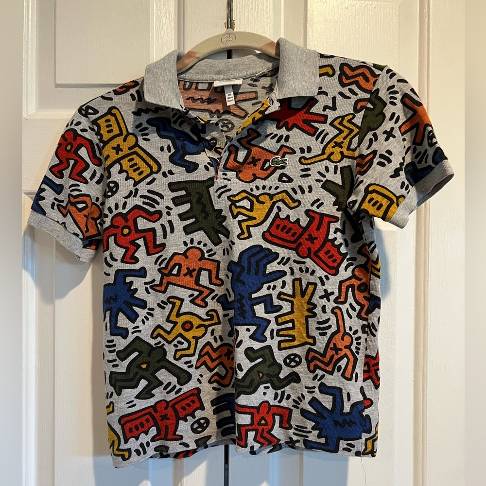 LACOSTE 🐊 Graphic Design Polo Shirt on Gray -Keith Haring Multicolored Pattern